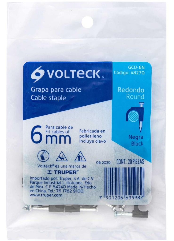 GRAPA CURVA PARA CABLE DE 6MM NEGRA VOLTECK