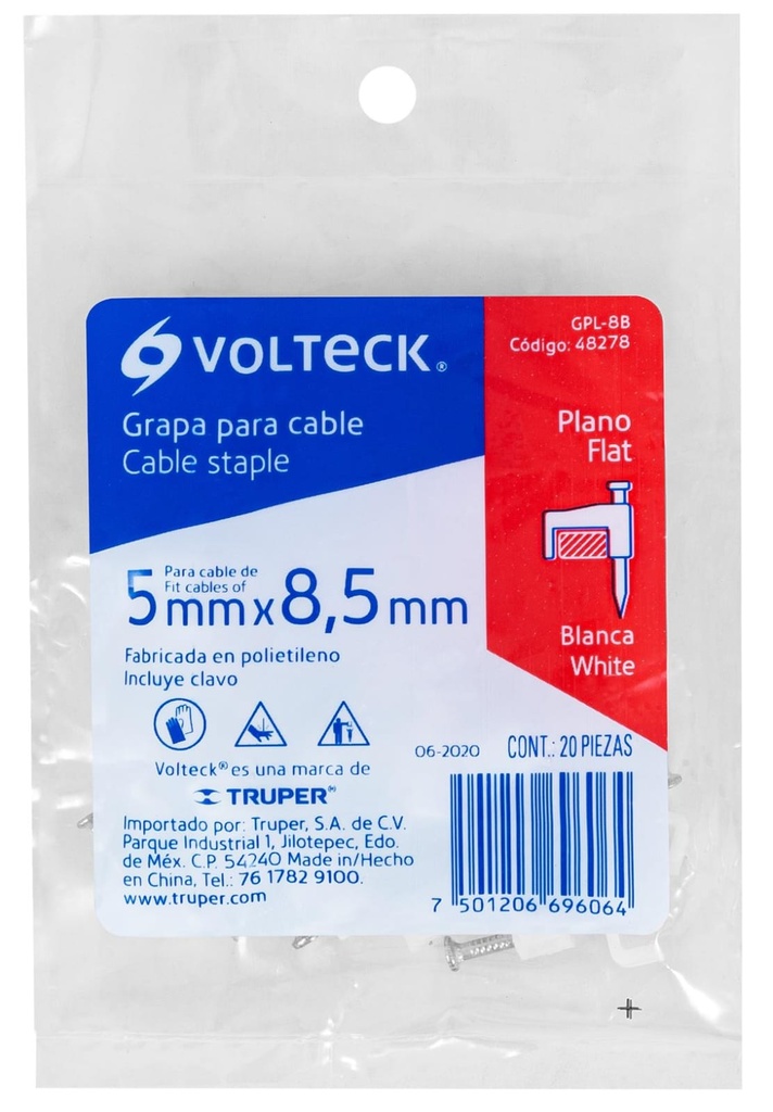 GRAPA PLANA PARA CABLE DE 8MM BLANCO VOLTECK