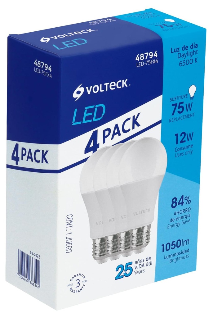 LAMPARA LED A19 12W E27 LUZ DIA 4 PZS VOLTECK